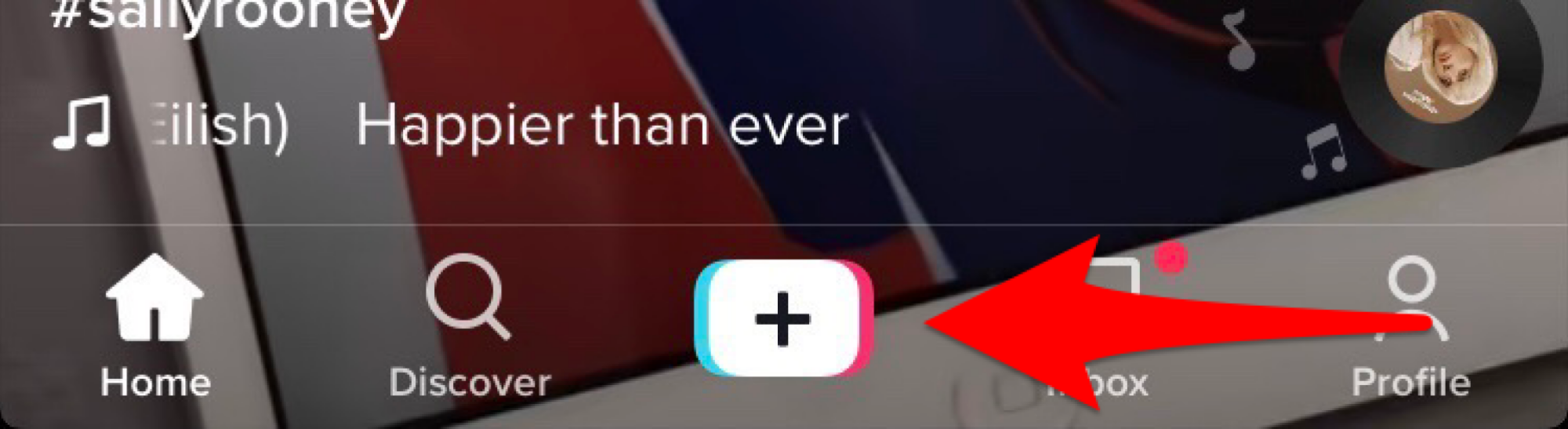 Screenshot of TikTok with the "plus" icon highlighted. 