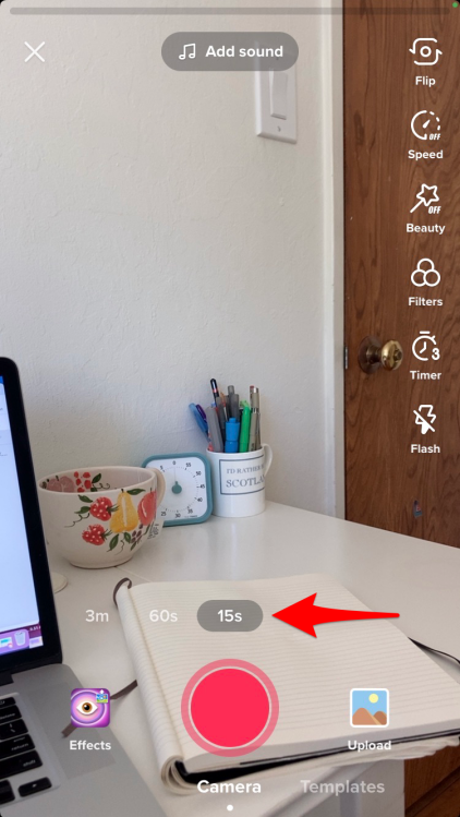 Screenshot of TikTok with the "15s" button highlighted.