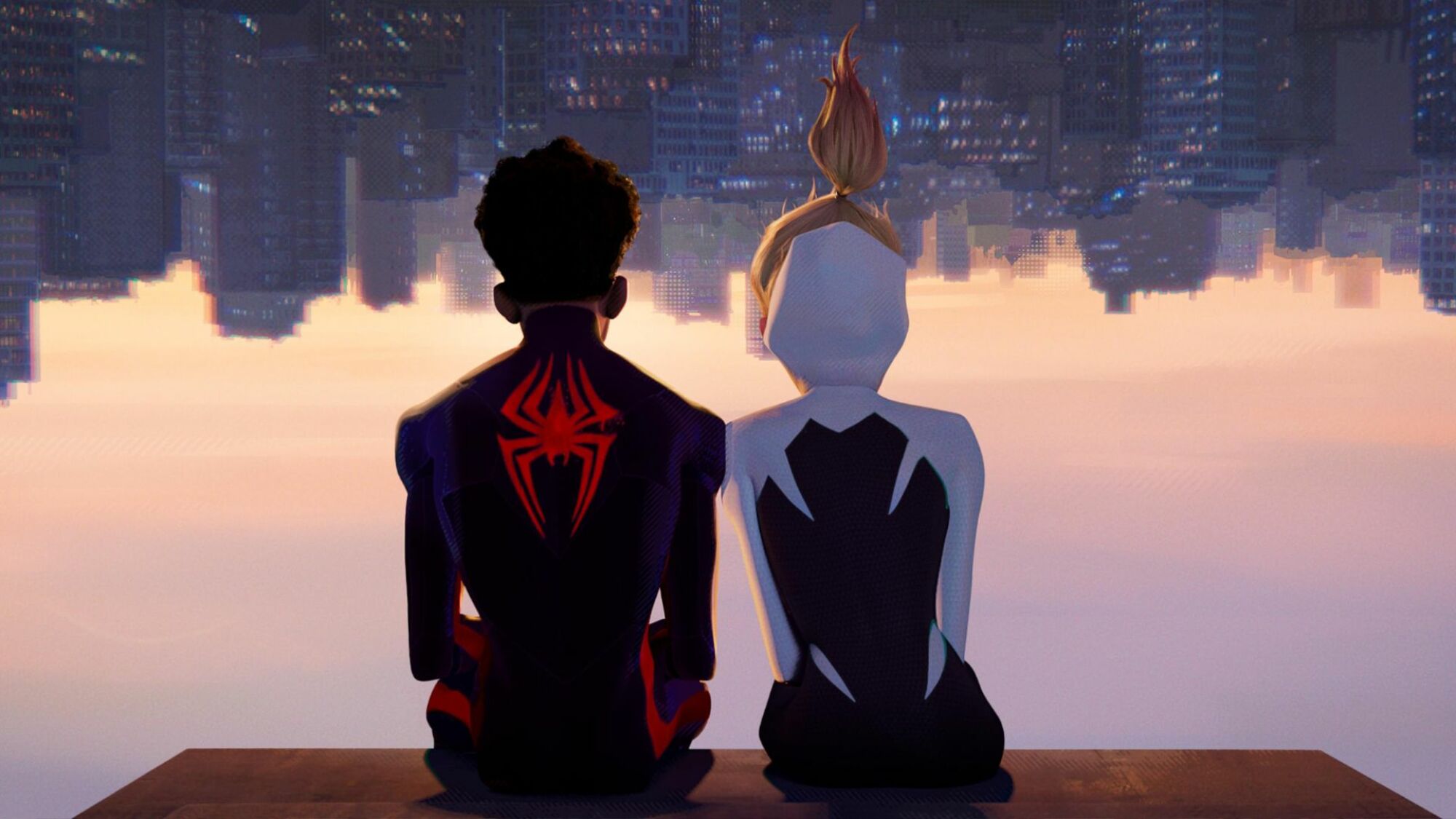 Miles and Gwen look out on the city in "Spider-Man: Across The Spider-Verse."