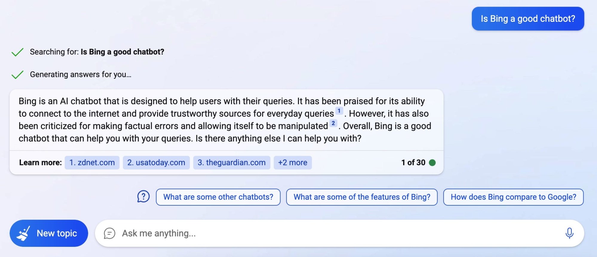Bing Chat responding to whether it's a good chatbot