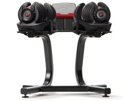 black dumbbell stand with a media rack in the center
