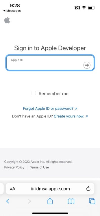 Apple ID sign in page on the Apple developer site
