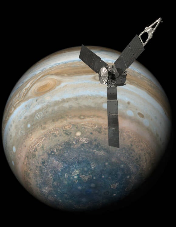 An illustration of the Juno spacecraft orbiting Jupiter.