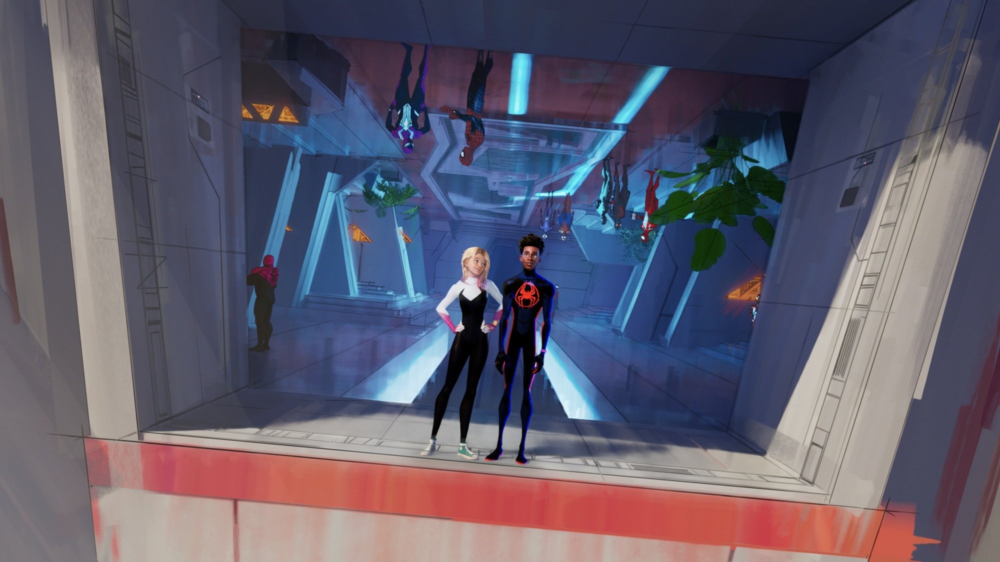 Gwen Stacy and Miles Morales in their spider suits stand in a massive building full of other Spider-People.