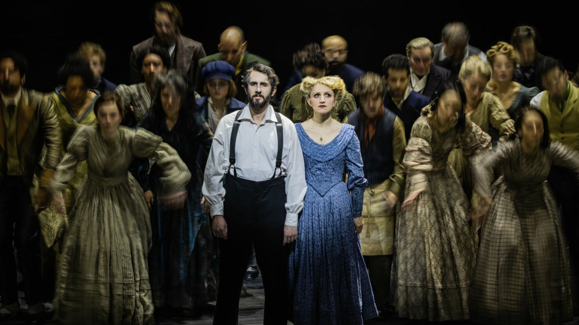 Josh Groban and Annaleigh Ashford are surrounded by a dancing ensemble in "Sweeney Todd."