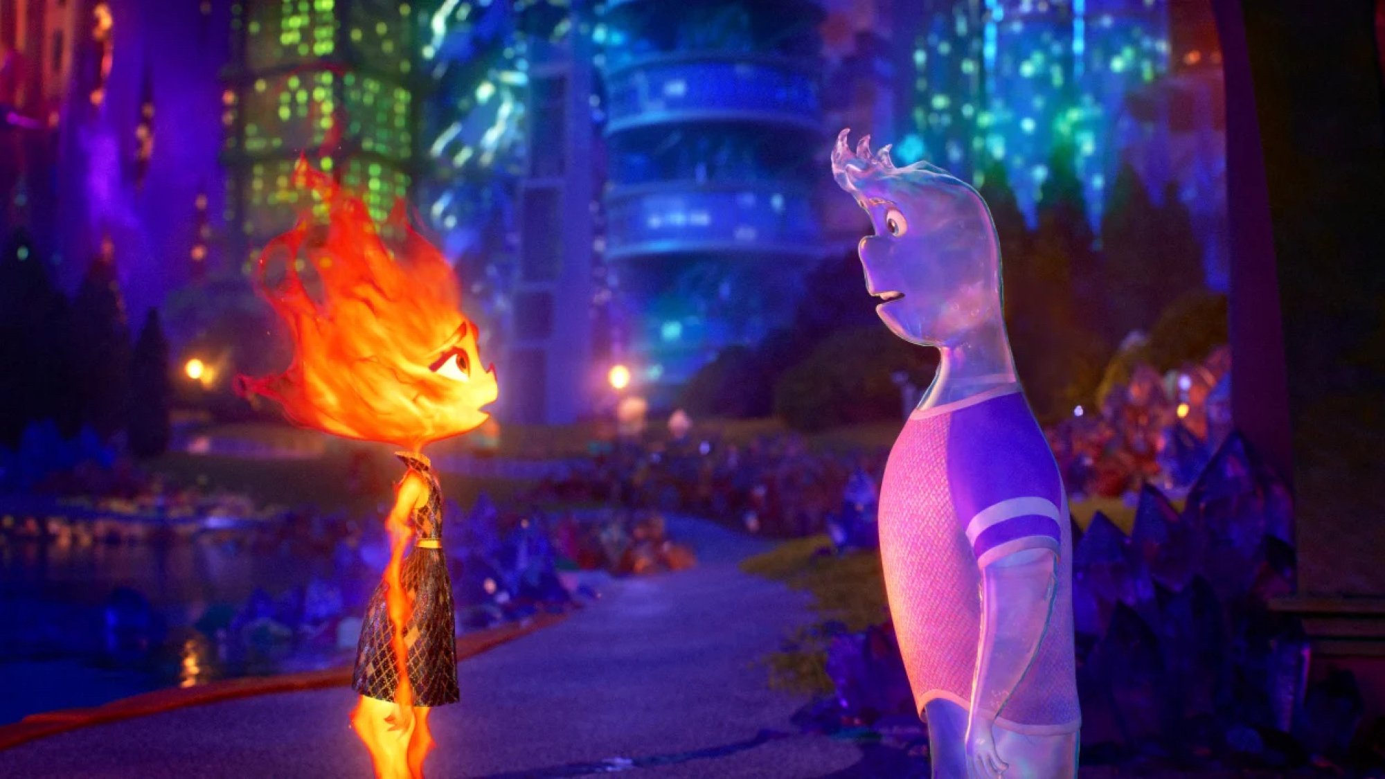 An animated image of a fire girl and water boy looking at each other. 
