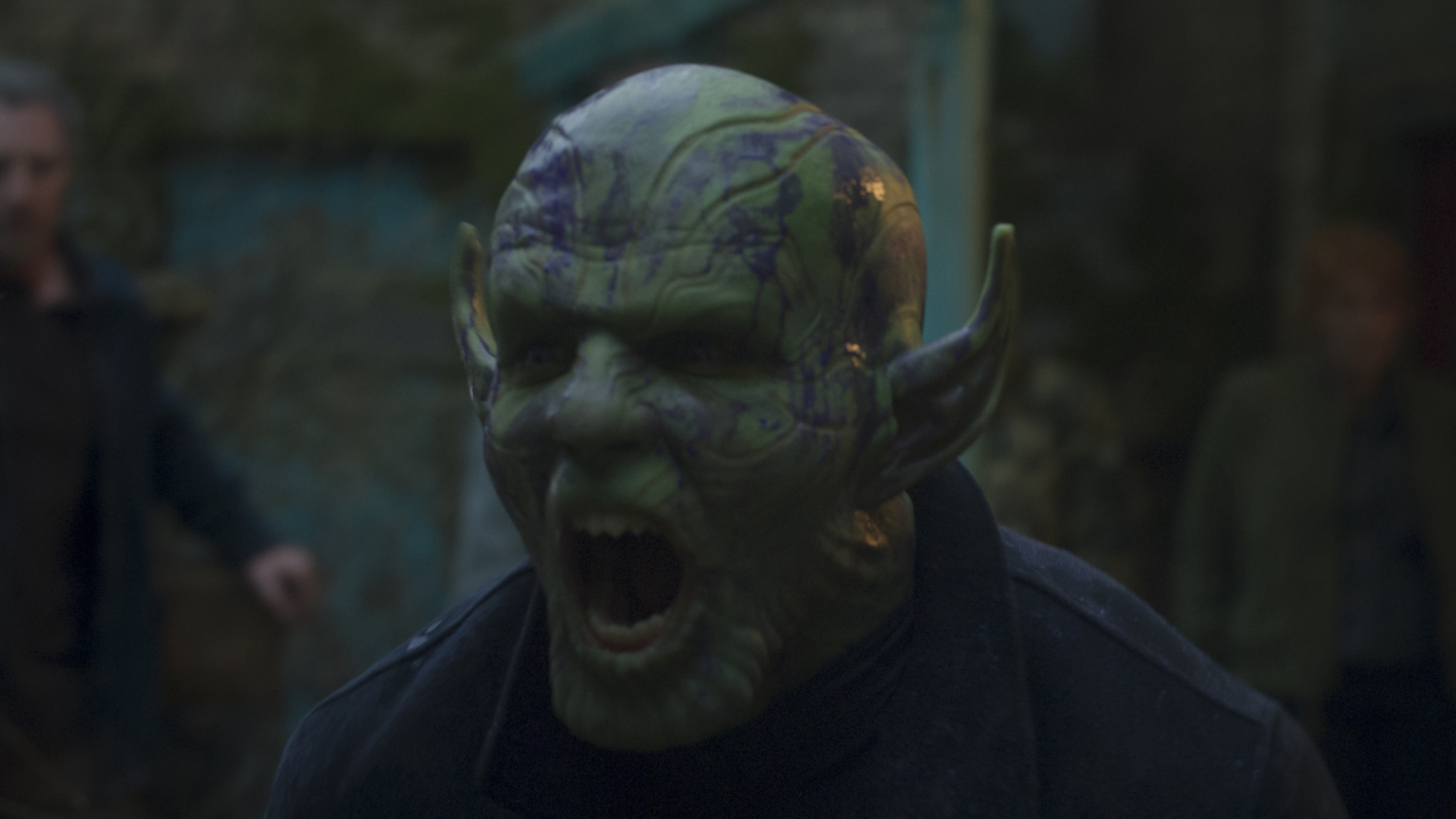 In the Marvel series "Secret Invasion" a Skrull roars — an alien with green skin and pointed ears.