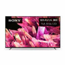 Sony 65" 4K Ultra HD TV X90K Series over a white background, with a visual of pinkish crystals depicted on the screen