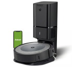 iRobot Roomba i3+ EVO on its charging dock and with a phone depicting the iRobot application