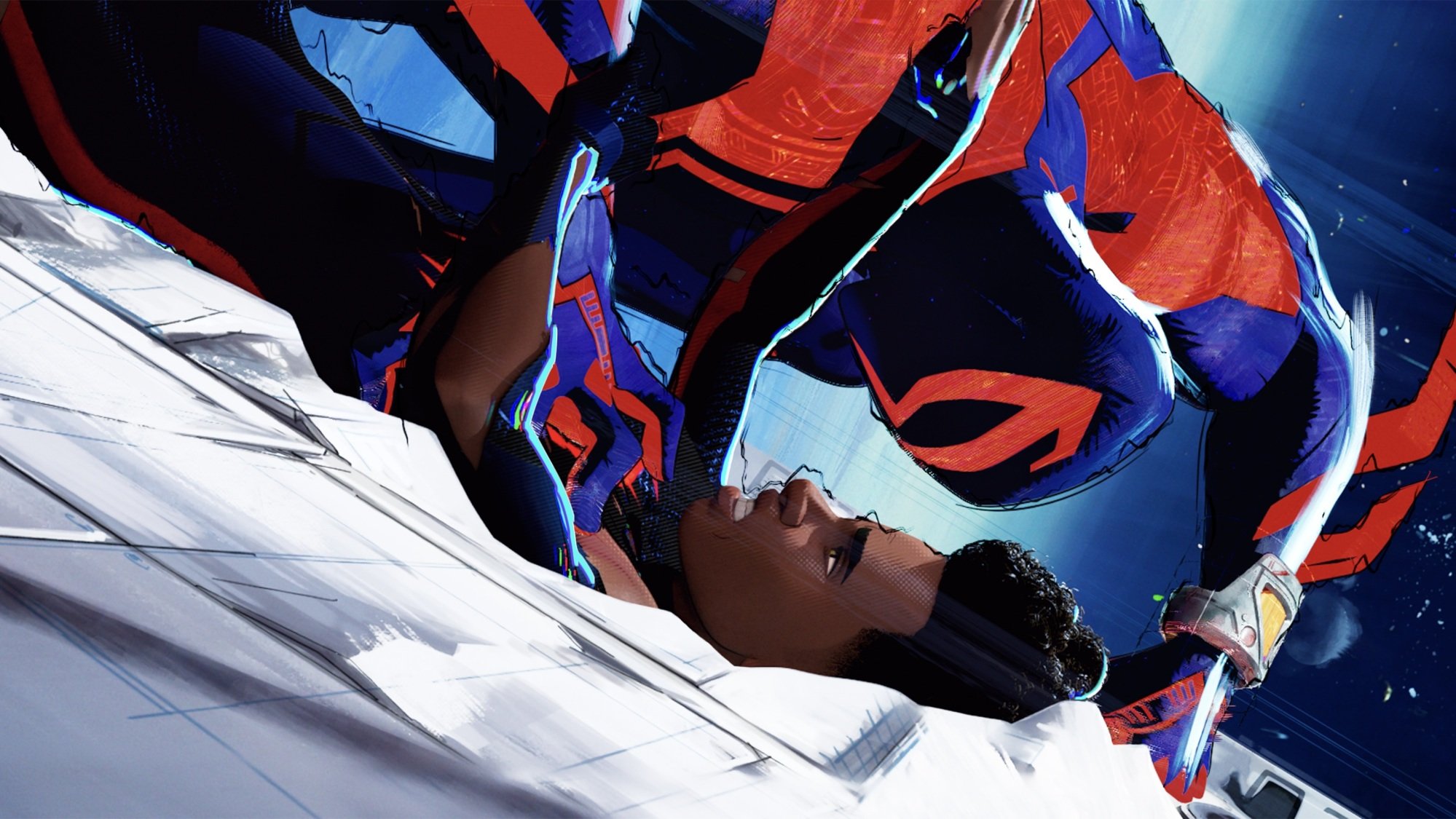 Miguel O'Hara in his navy and red spider suit slams Miles Morales into a wall and holds him there.