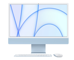 Blue iMac with light blue screensaver and blue lines