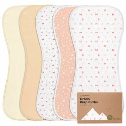 Five organic burp cloths in assorted light colors and patterns