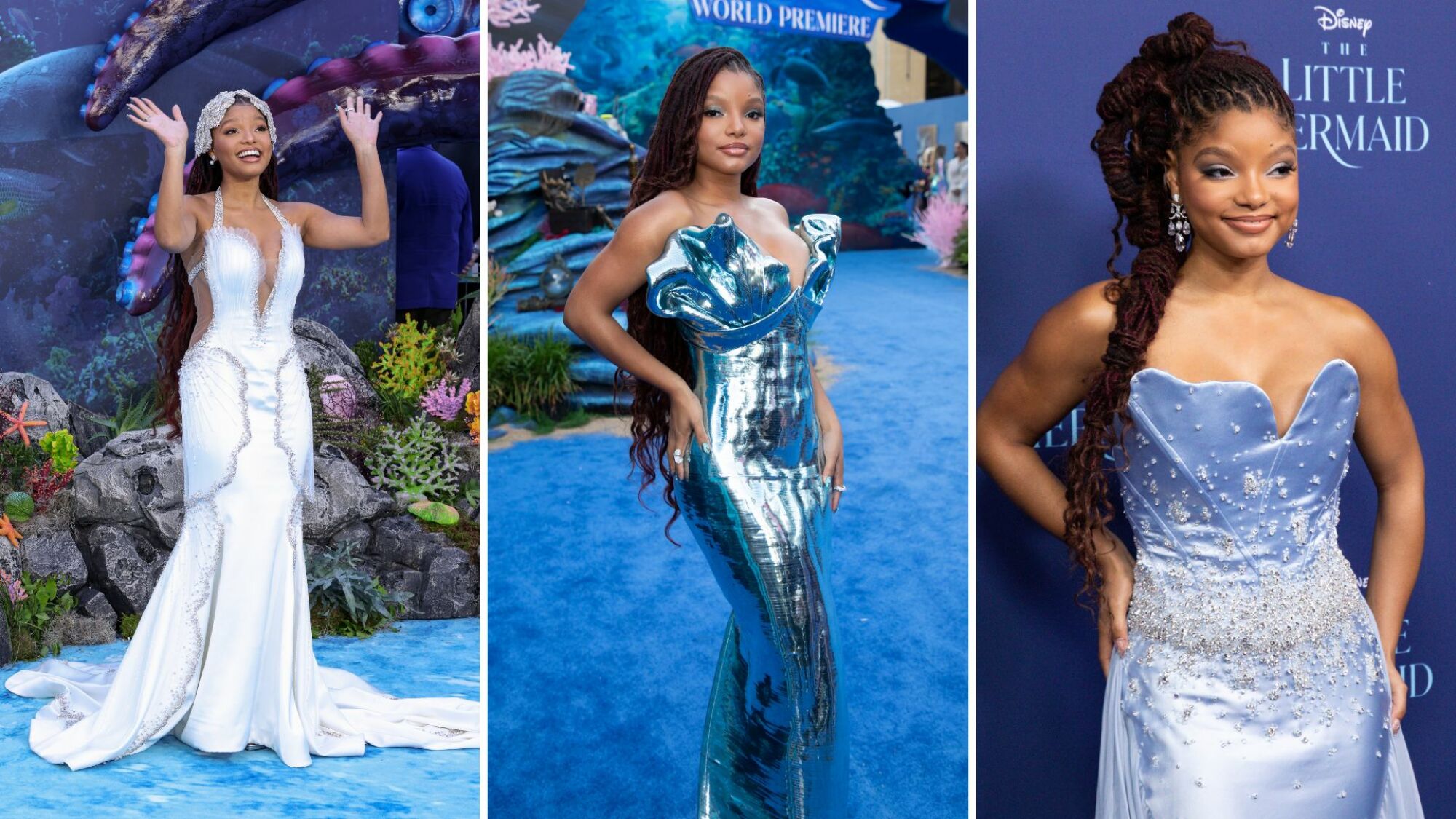 Three photos of Halle Bailey in various mermaid-like gowns at "The Little Mermaid" premieres.