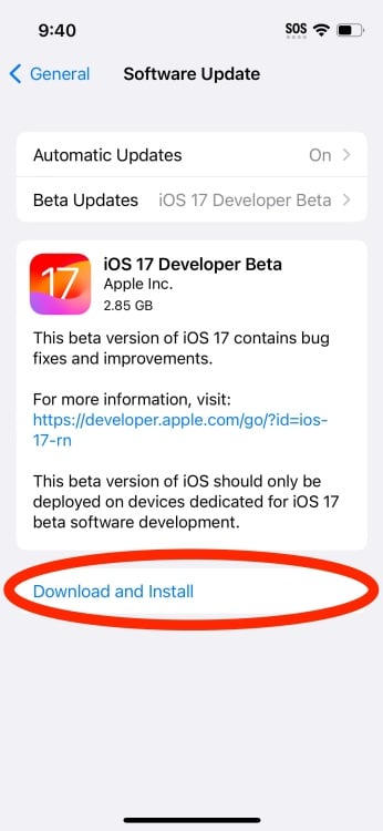 iOS 17 download page in Software Update
