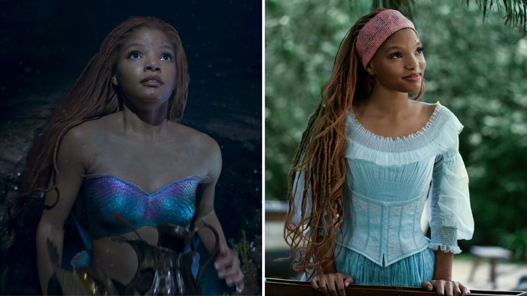 Two images of Halle Bailey as Ariel in "The Little Mermaid" — one as a mermaid, and one in a light blue gown in the human world.