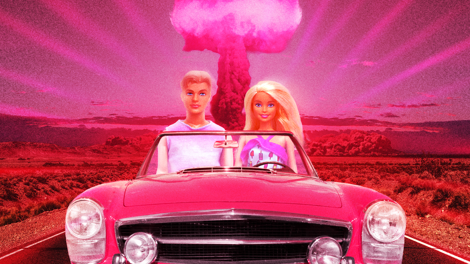 Barbie and Ken drive away from a violently pink mushroom cloud. 
