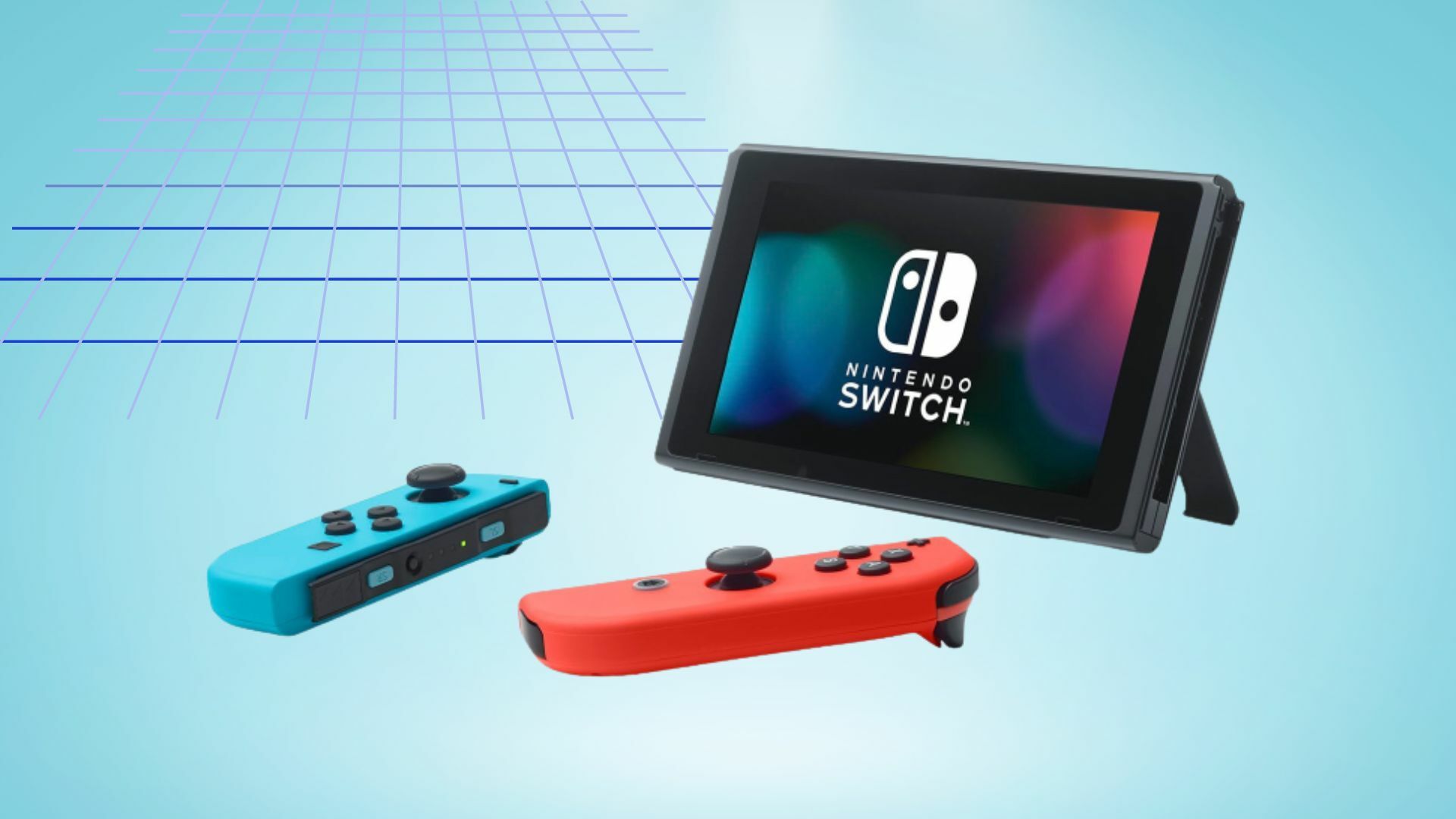 nintendo switch console with controllers on blue gradient background