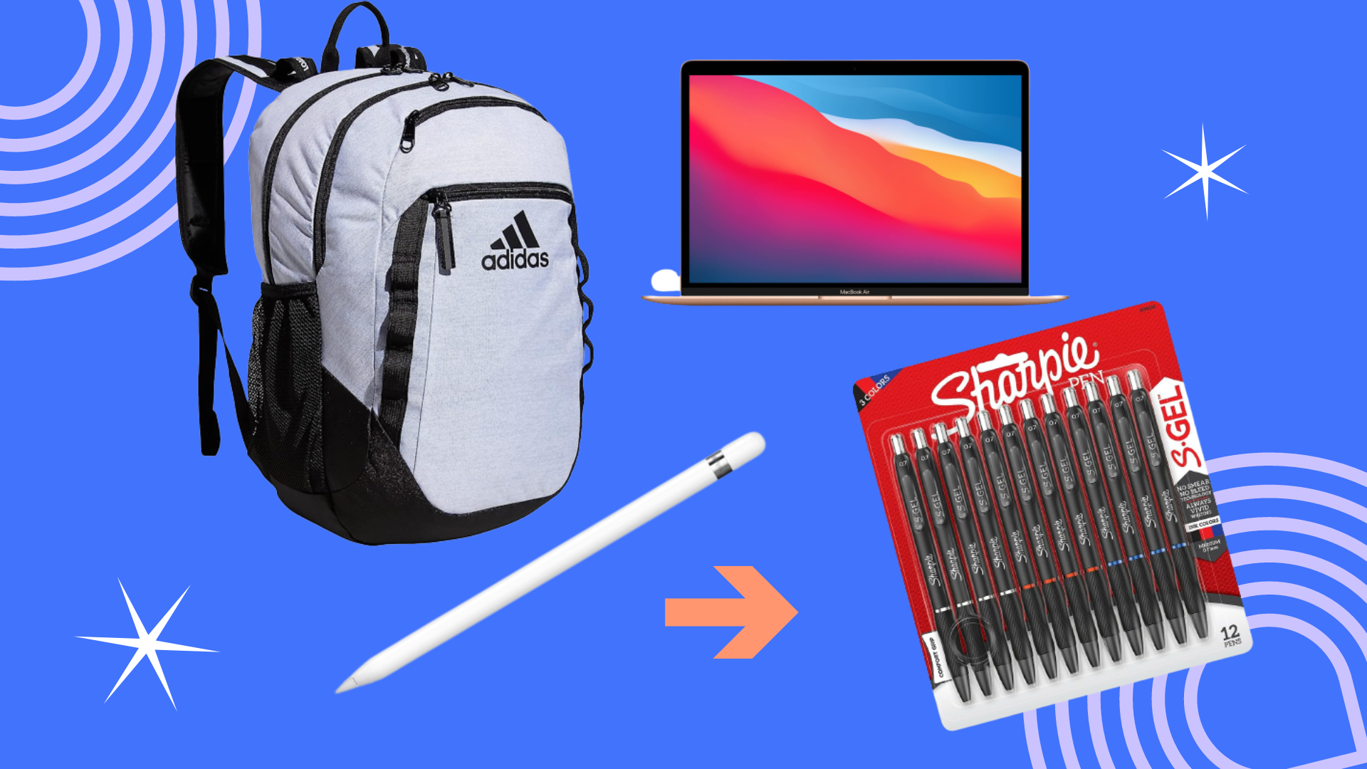 A backpack, laptop, Apple pencil, and pack of Sharpie pens overlaid on a background with patterns and design elements.
