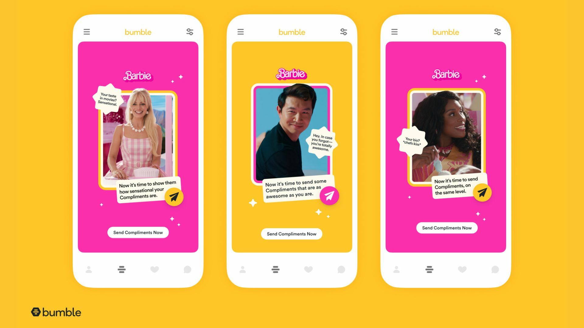 Bumble x Barbie is shown on three phone screens in shades of yellow and pink.