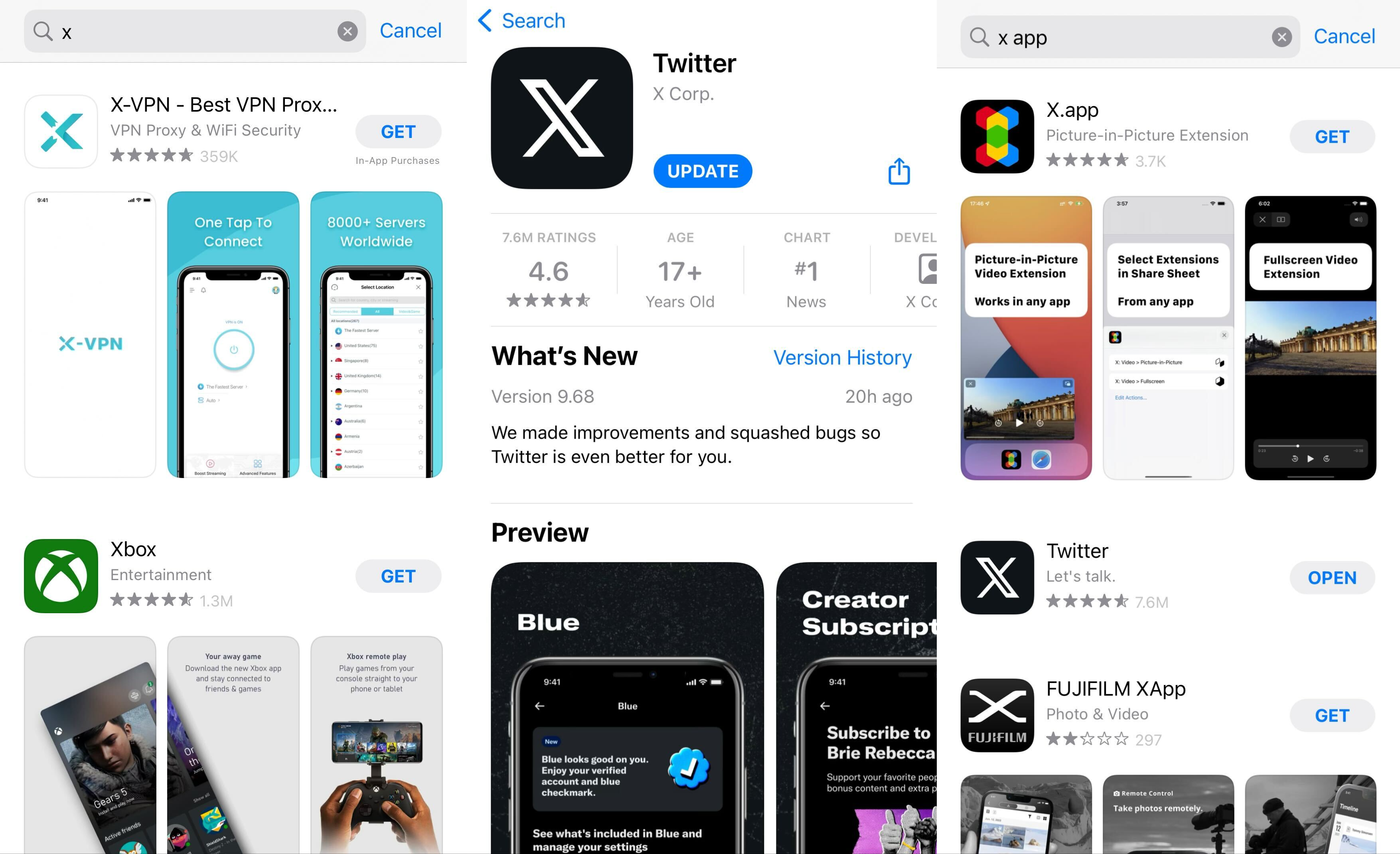 screenshots of different searches in the app store showing the X app still labeled as Twitter