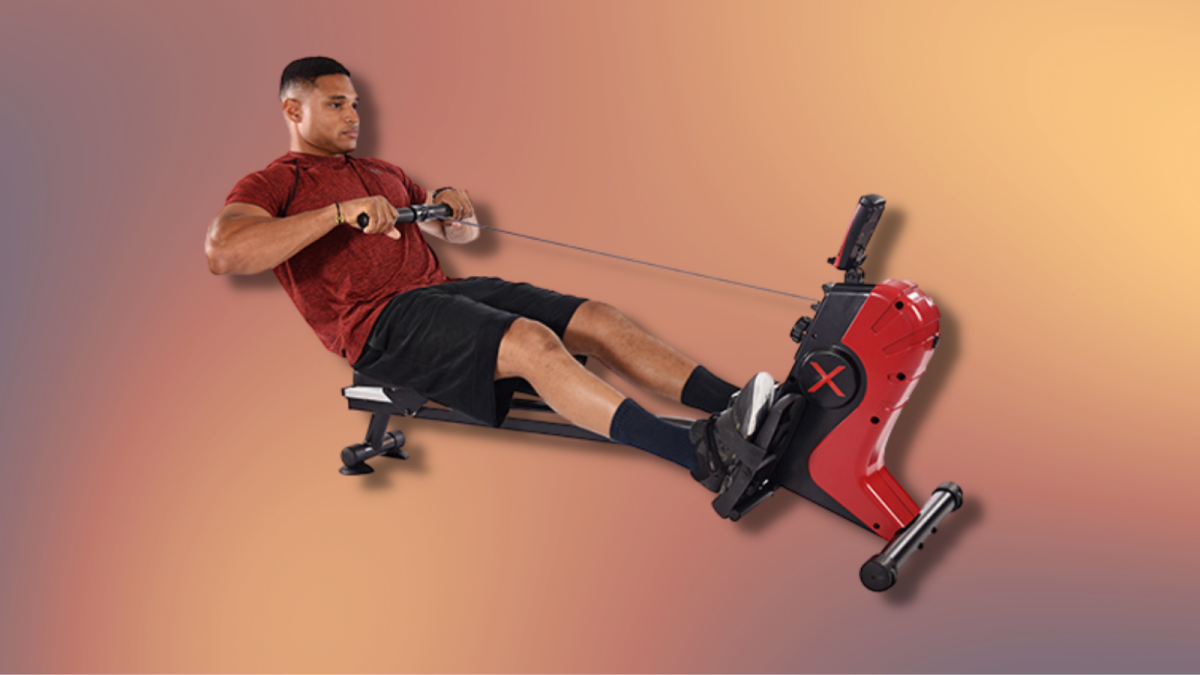 Someone shown in the proper position to use the magnetic rower from Stamina
