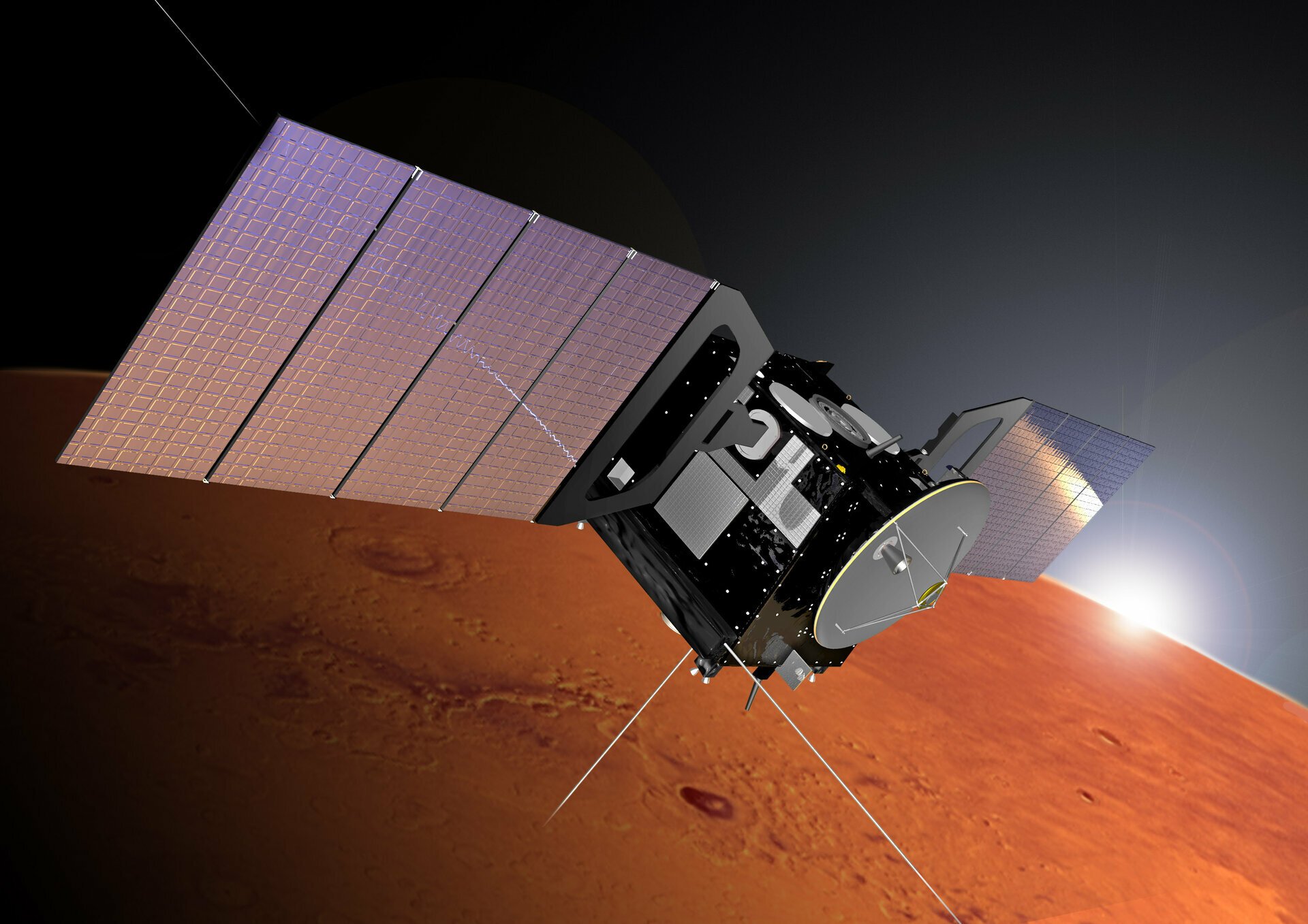 An illustration of the European Space Agency's Mars Express orbiter flying above Mars.