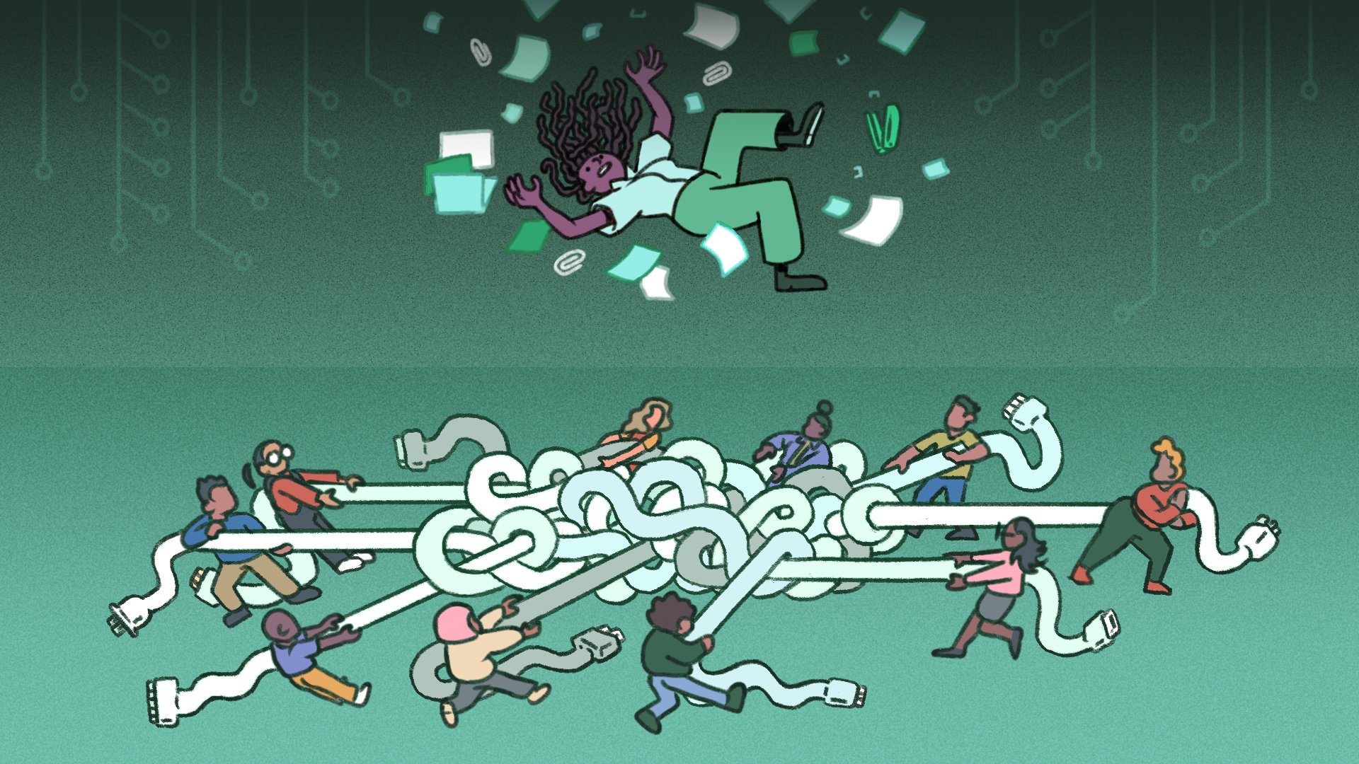 An illustration of a laid-off worker falling into a tangled net of cords and wires held by a supportive community