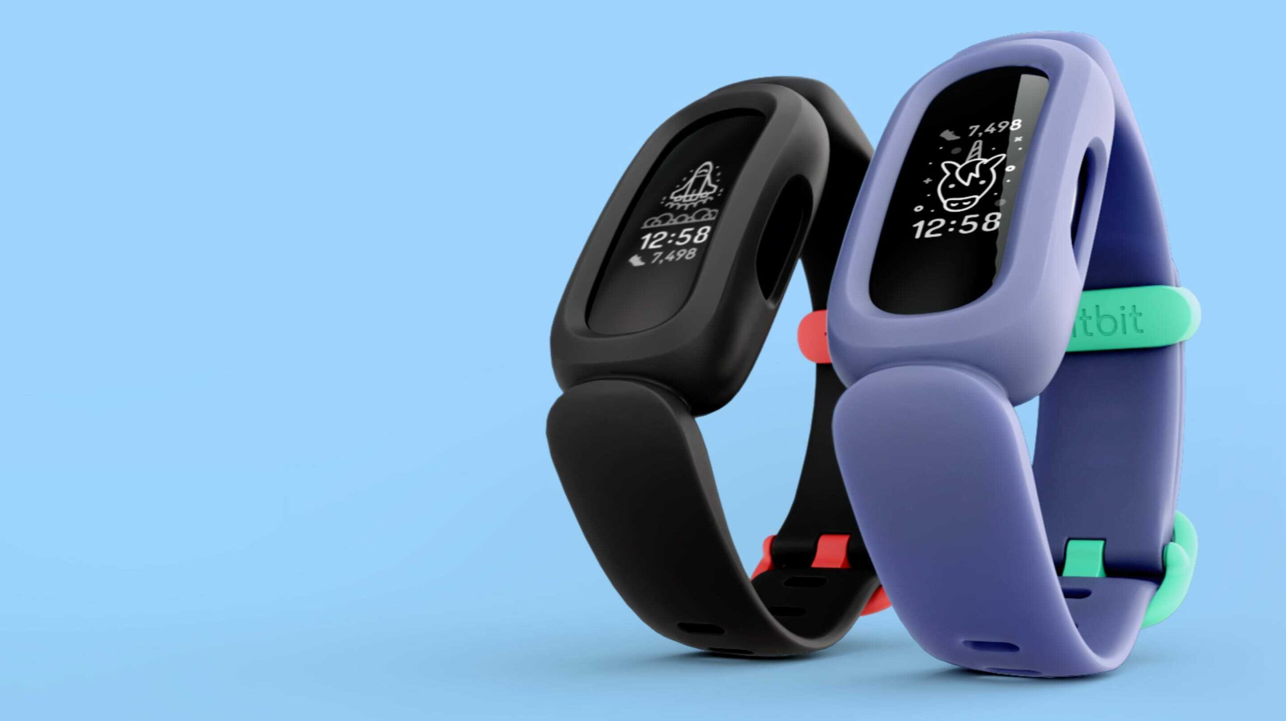 Two Fitbit Ace 3's, one in black and one in purple, shown over a blue background