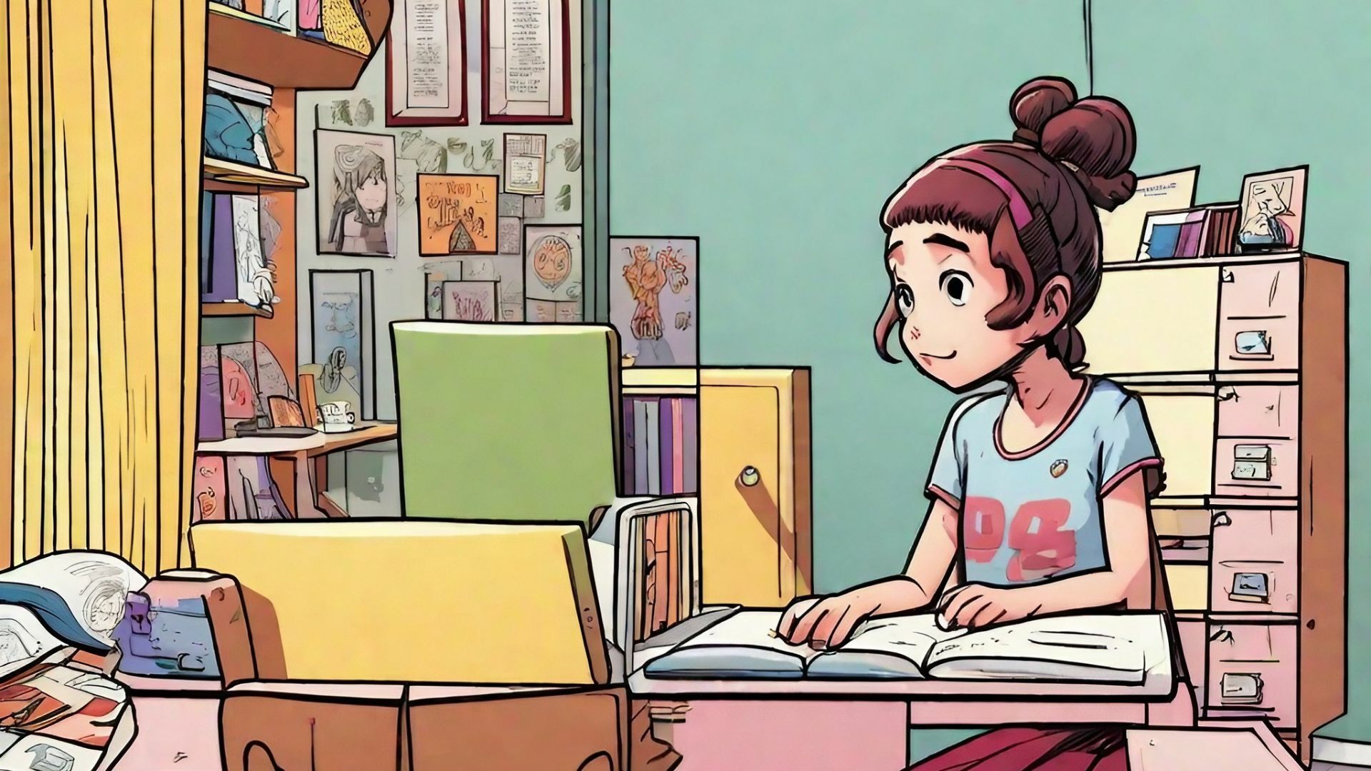 An illustration of a girl sitting at her desk in her bedroom.