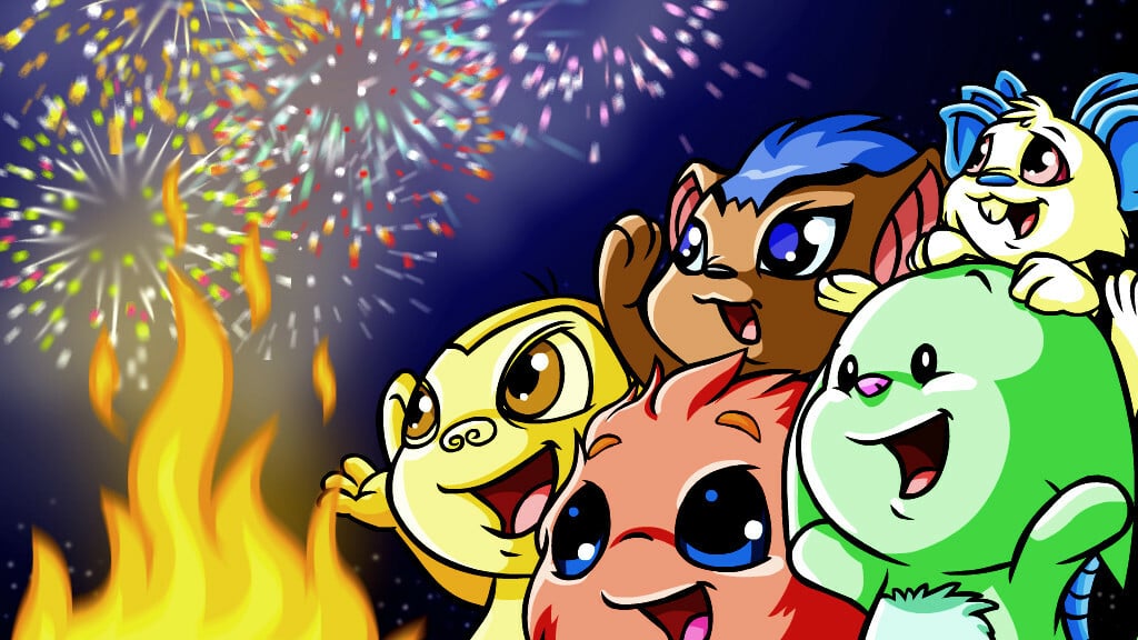 Various Neopets watching a fireworks display.