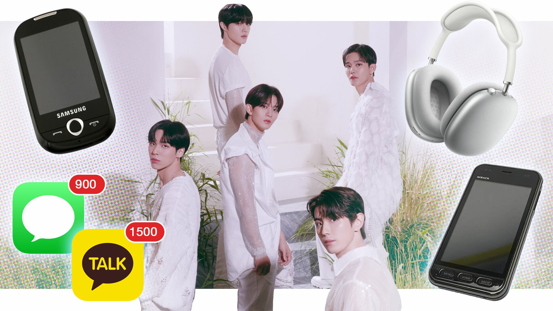 CIX in white, surrounded by the KakaoTalk app with 1500 unread messages, the iMessage app with 900 unread messages, Apple Max headphones, a Mirach phone, and a Korby phone.