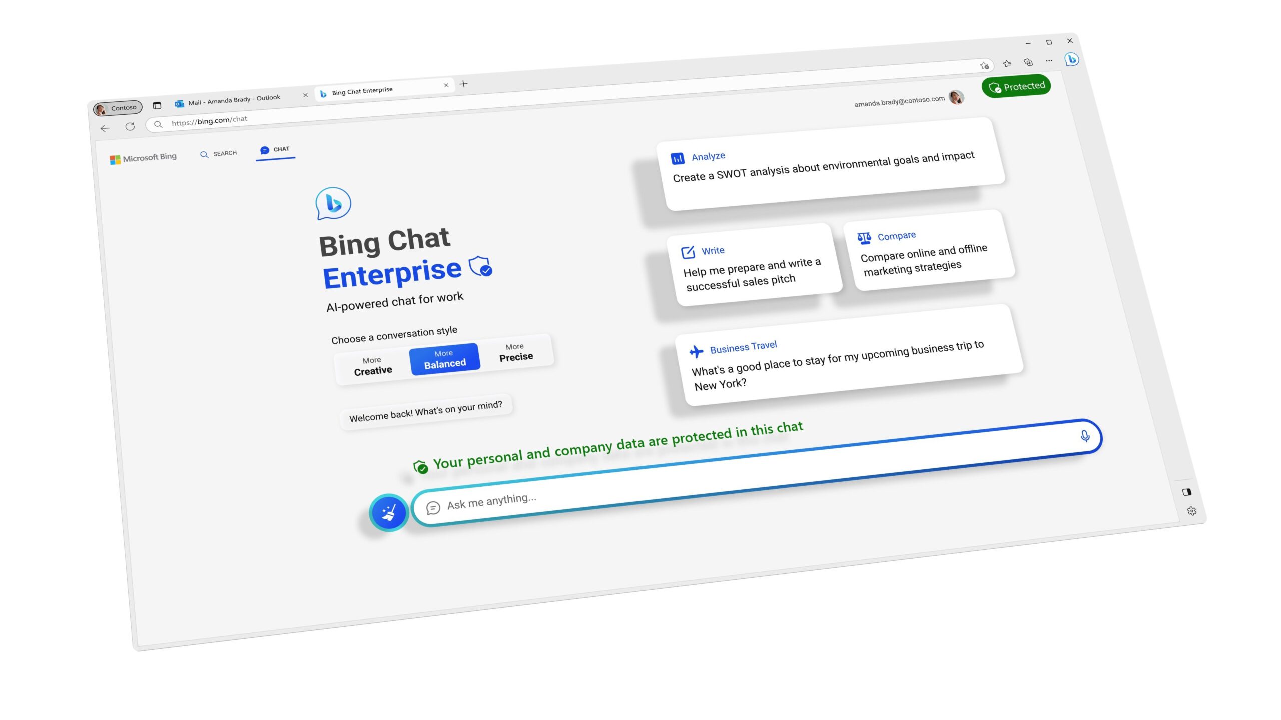Bing Chat Enterprise showing examples of how it can be used for work