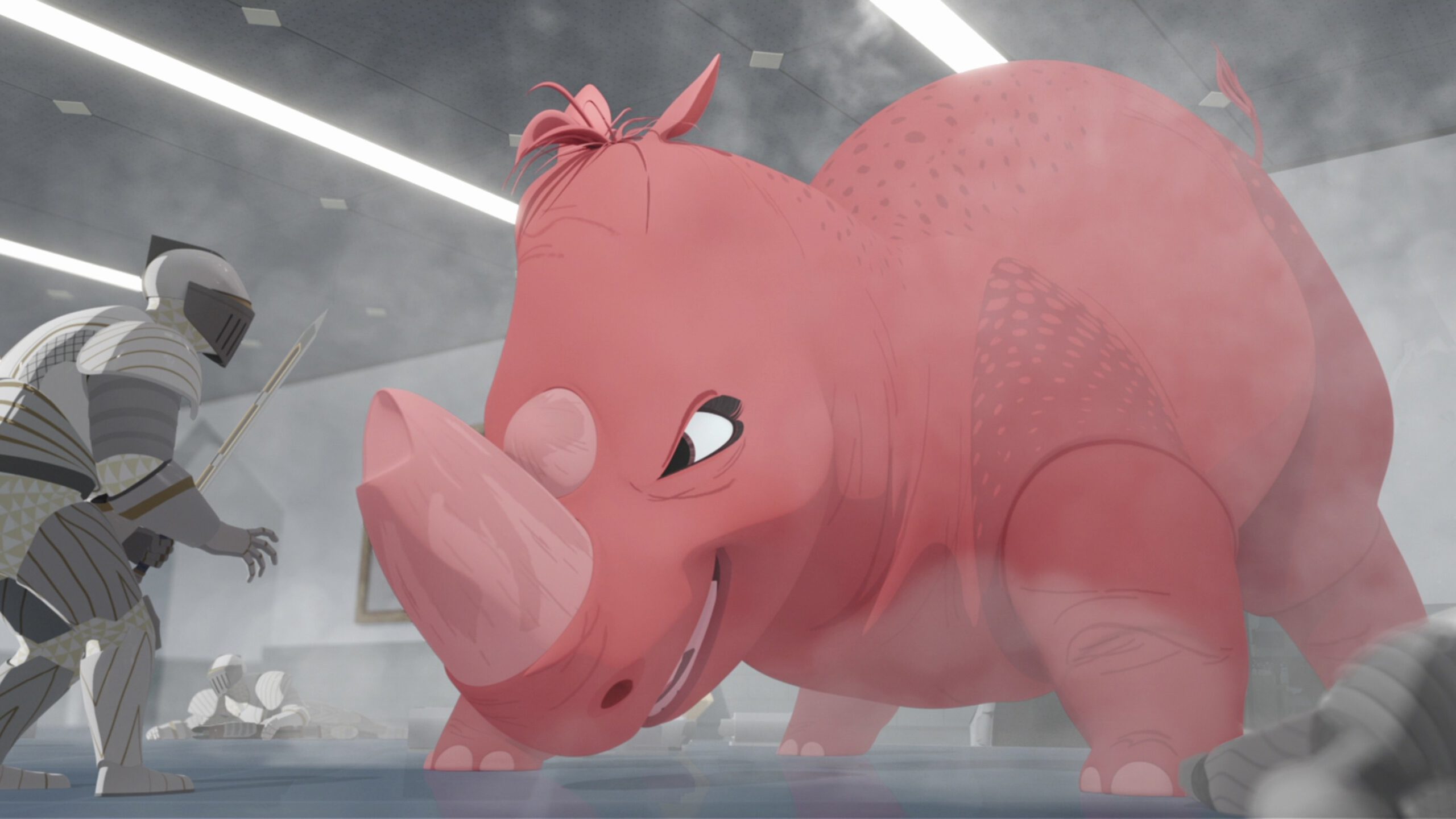 A large pink rhino charges at a terrified knight.