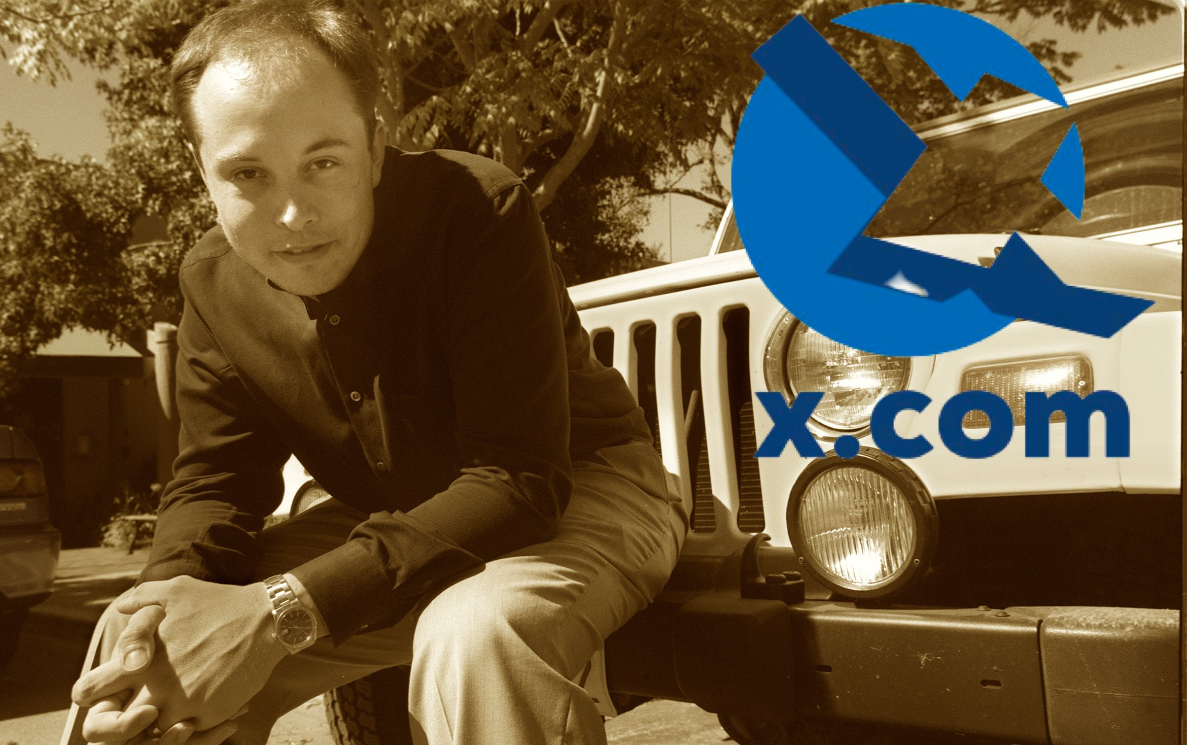 Elon Musk in 2000 and the X.com logo. 