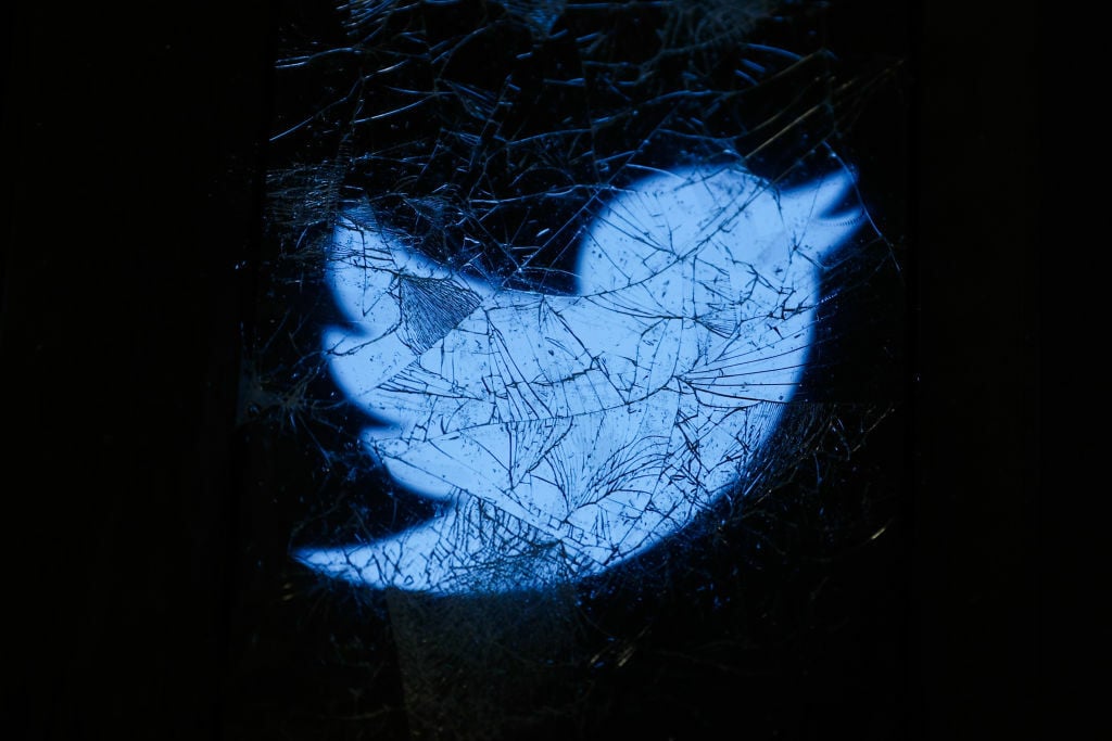 Twitter logo displayed on a phone screen is seen through the broken glass.
