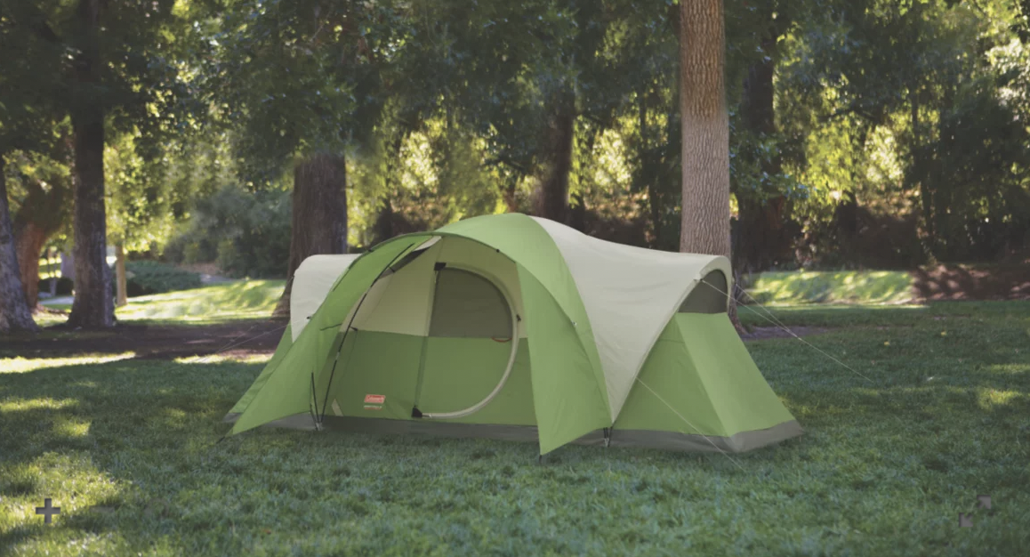 The Coleman Montana 8-Person Dome Tent standing on some grass in the middle of a forest.