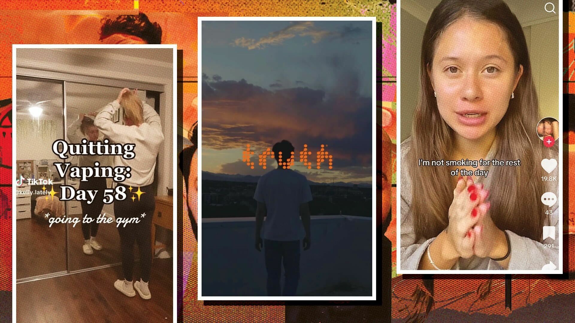 Three screenshots of tiktok videos in the article on textured orange background