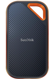 black sandisk external drive with triangle hole for keychain, orange accents on triangle