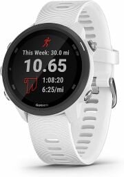 Garmin Forerunner 245 Music smartwatch with a white band, over a white background