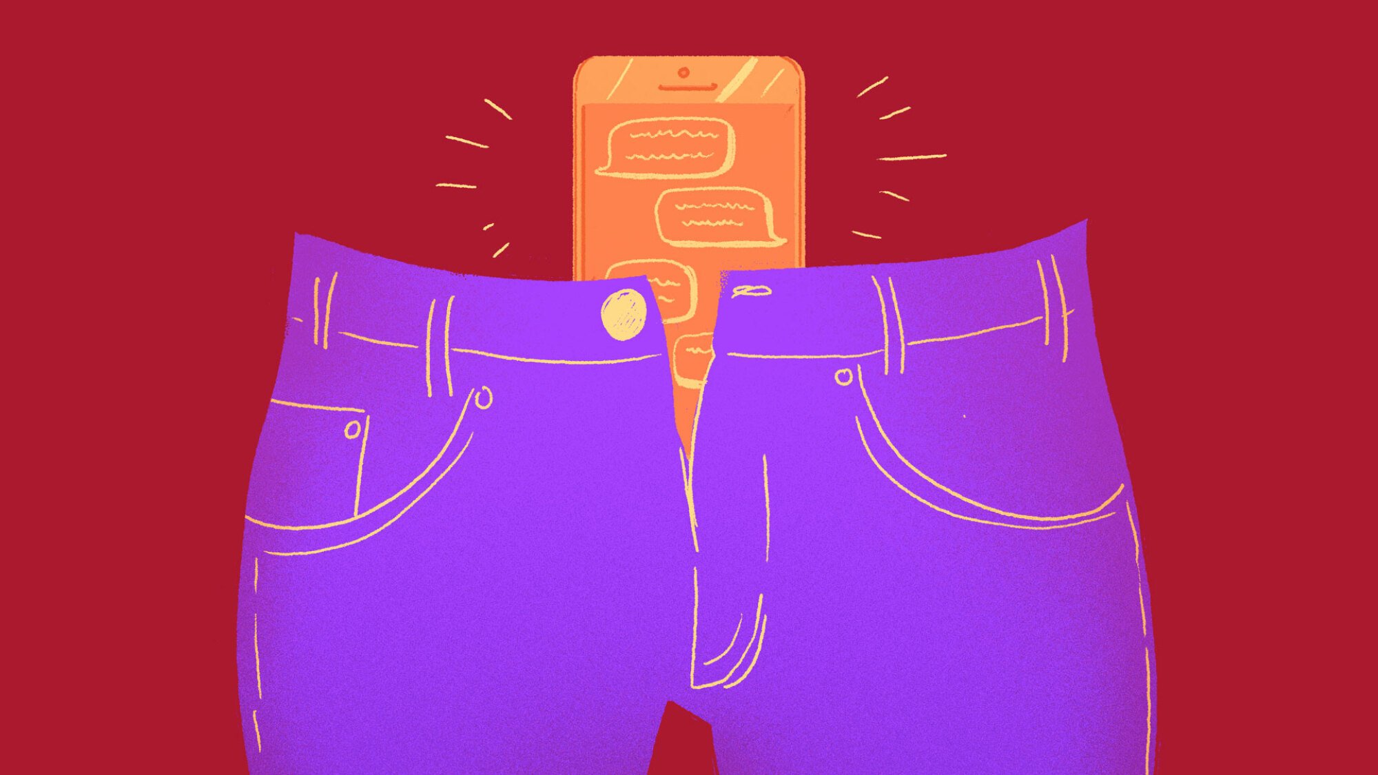 An illustration of a smartphone in a pair of jeans. The screen displays message bubbles.