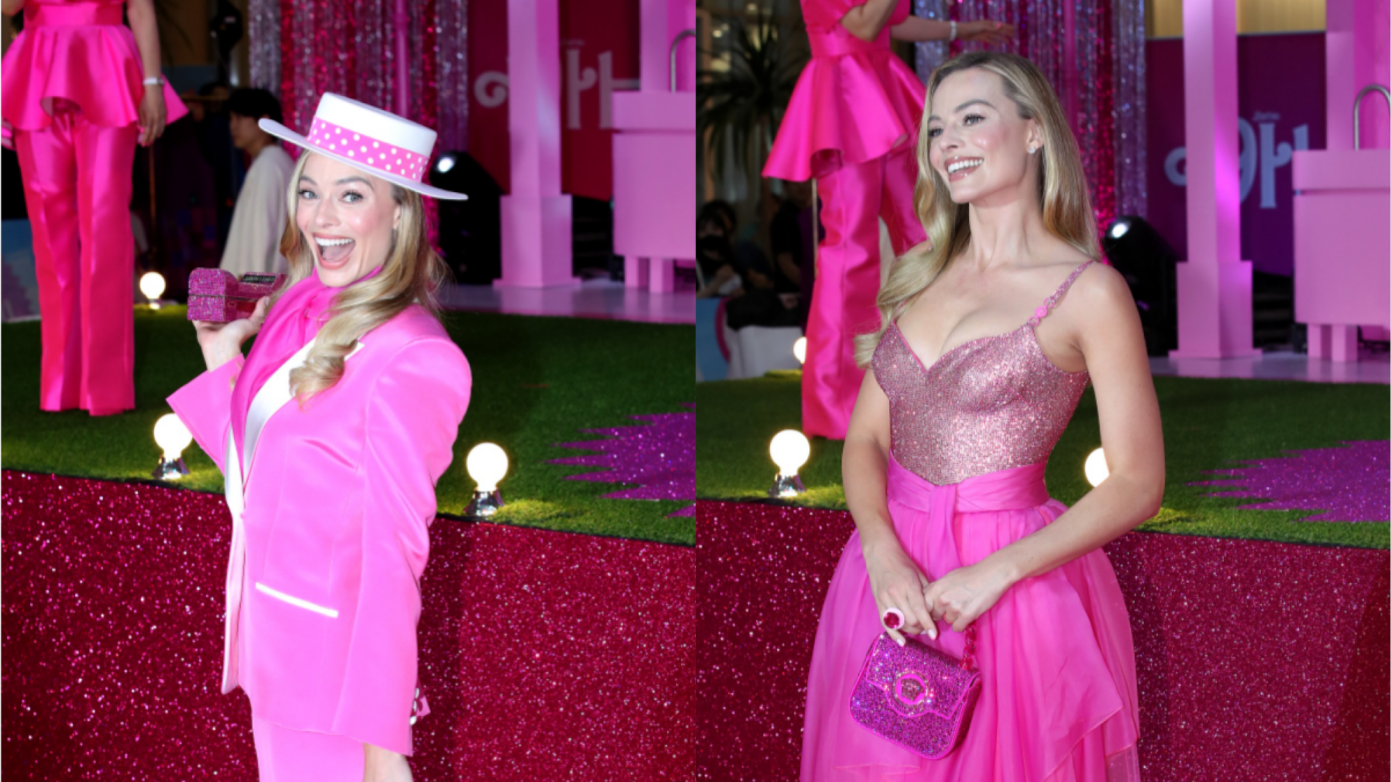 A side by side still of a woman wearing a pink suit and pink dress on a red carpet. 