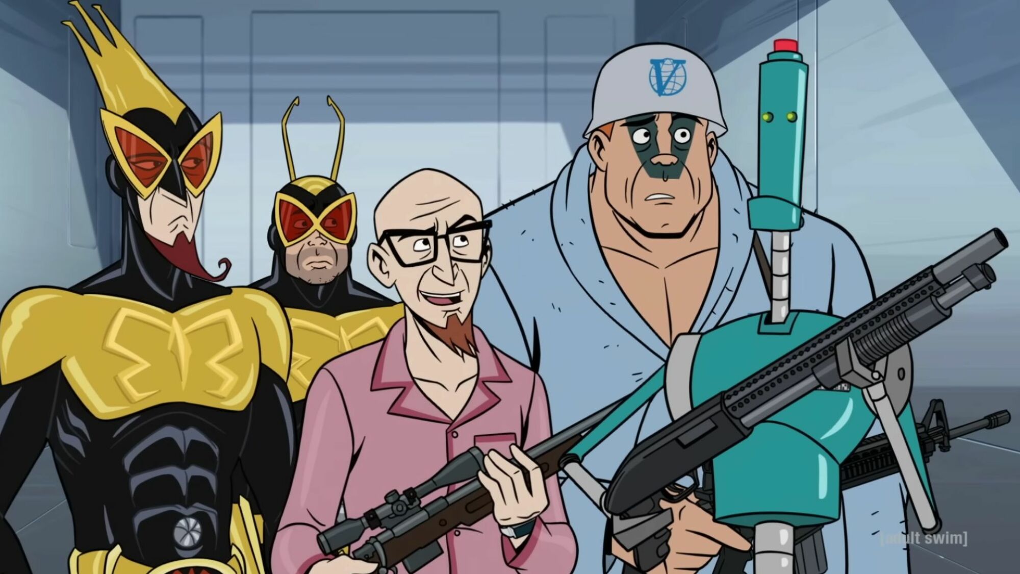 The Monarch, Henchman 21, Doc Venture, Sergeant Hatred, and Helper in "Venture Bros: Radiant is the Blood of the Baboon Heart."