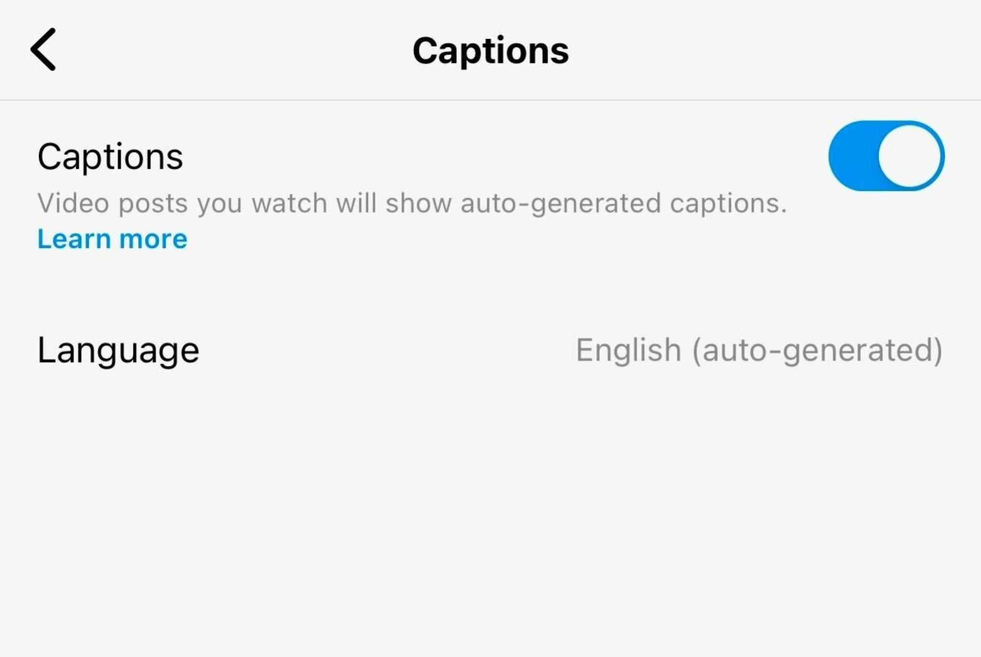 The auto-generated captions setting screen in the Threads app. 