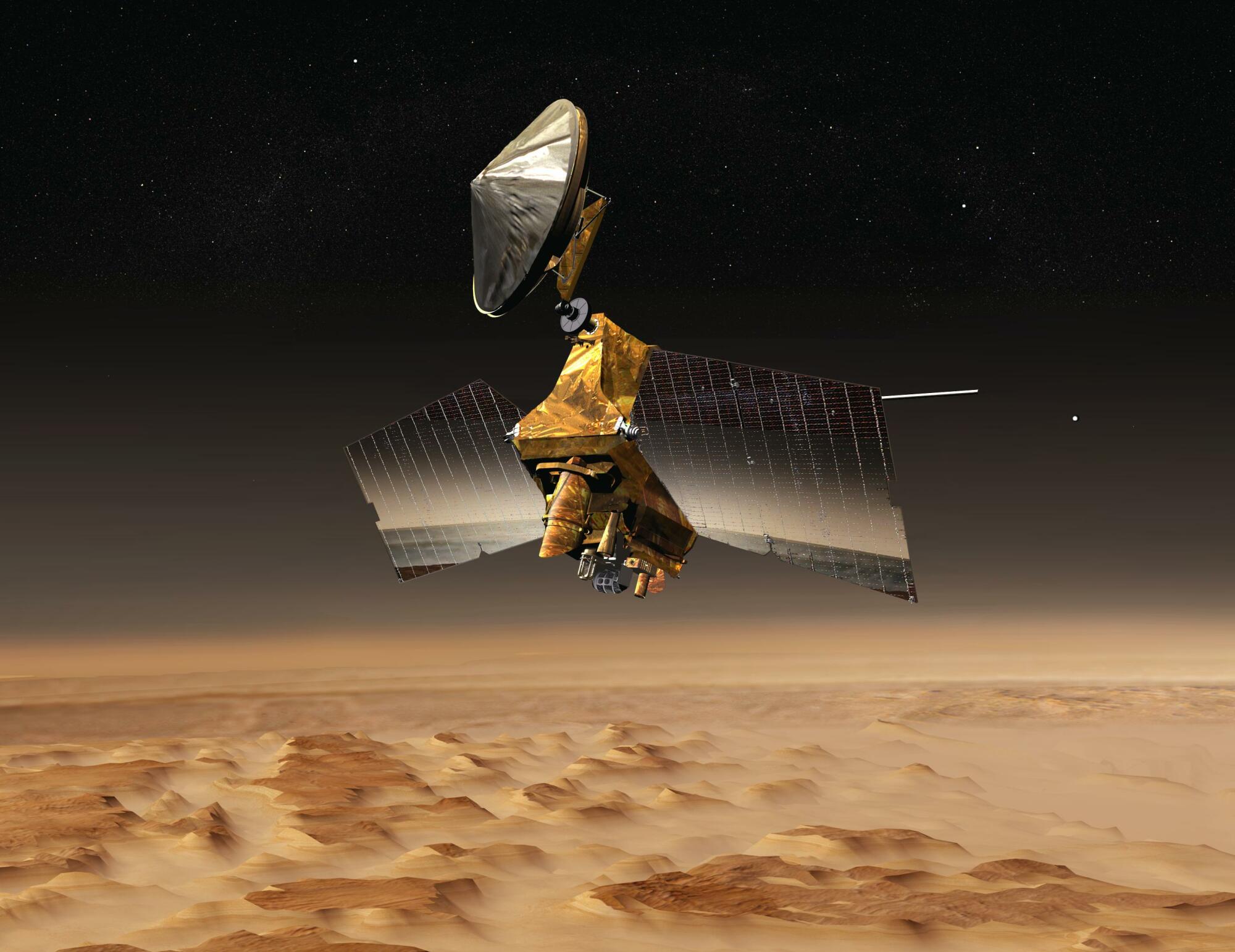 An artist's conception of the Mars Reconnaissance Orbiter flying over the Martian desert.