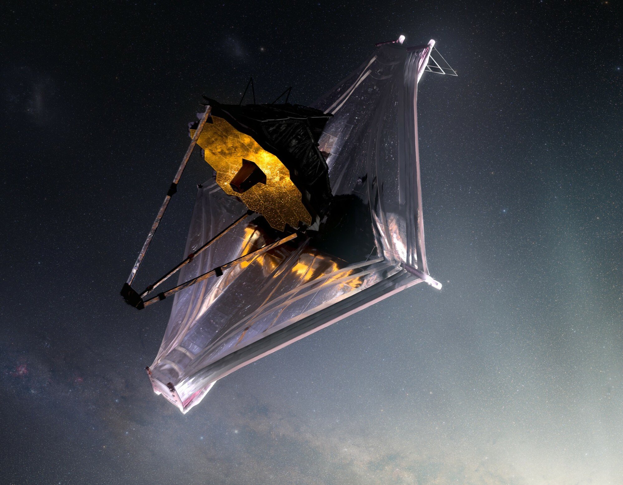 An artist's conception of the James Webb Space Telescope viewing the cosmos with its giant mirror.