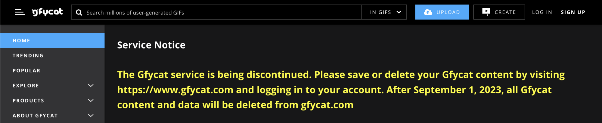 A screenshot of Gfycat's website displaying their shutdown notice.