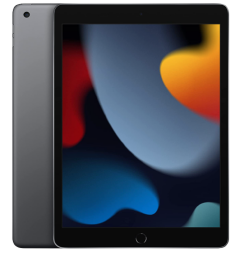 apple ipad 9th-generation with grey, blue, yellow, and red shapes against bladk lock screens 