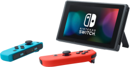 nintendo switch console with red and blue controllers