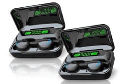 Two pairs of Flux 7 TWS wireless earbuds in their cases over a white background