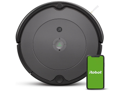 Black robot vacuum with a smartphone to the right showing green iRobot app